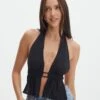 Split Front Open Back Halter Top -Swoon Fashion ainsley apron blouse black front bv108528tex