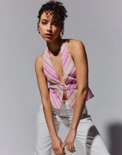 Split Tie Front Print Blouse -Swoon Fashion ainsley apron blouse guava stripe front bv108528prt 1