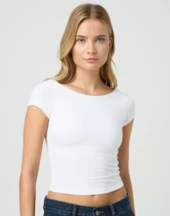 Supersoft Backless Short Sleeve Top -Swoon Fashion bayley backless top white front ts73693pch 2