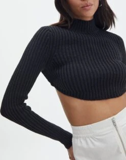 Cropped High Neck Backless Long Sleeve Knit Top -Swoon Fashion bearman backless funnel top black imageback kl111146knt