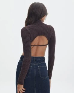 Cropped High Neck Backless Long Sleeve Knit Top -Swoon Fashion bearman backless funnel top its soy cute back kl111146knt