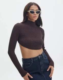 Cropped High Neck Backless Long Sleeve Knit Top -Swoon Fashion bearman backless funnel top its soy cute front kl111146knt