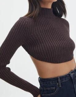 Cropped High Neck Backless Long Sleeve Knit Top -Swoon Fashion bearman backless funnel top its soy cute imageback kl111146knt