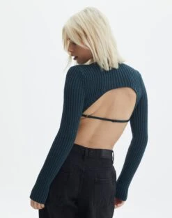 Cropped High Neck Backless Long Sleeve Knit Top -Swoon Fashion bearman backless funnel top ivy league back kl111146knt