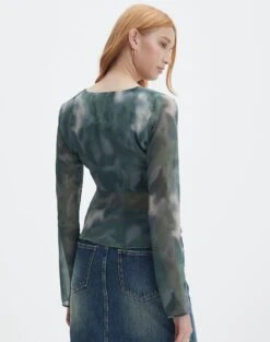 Split Tie Front Print Blouse -Swoon Fashion beth tie front chiffon blouse cypress haze back bl111539haz