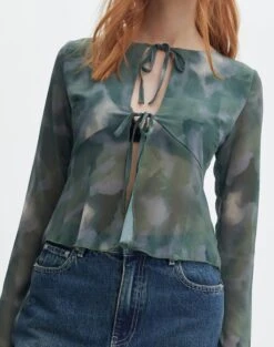 Split Tie Front Print Blouse -Swoon Fashion beth tie front chiffon blouse cypress haze detail bl111539haz