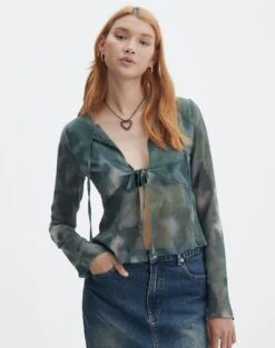 Printed Lace Trim Cami Top -Swoon Fashion beth tie front chiffon blouse cypress haze front bl111539haz 1