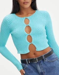 Bubble Stitch Long Sleeve Button Up Top -Swoon Fashion bobby bubble stitch cardi aqua siren imageback kc106197knt