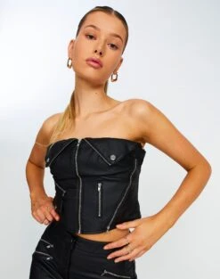 Faux Leather Biker Zip Corset -Swoon Fashion bonnie biker corset black detail bv101361pu