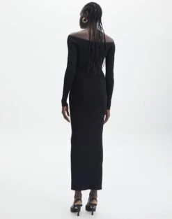 Ribbed Off Shoulder Long Sleeve Maxi Dress -Swoon Fashion boston bardot knit dress black back kd109828rib