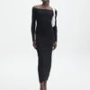 Ribbed Off Shoulder Long Sleeve Maxi Dress -Swoon Fashion boston bardot knit dress black front kd109828rib