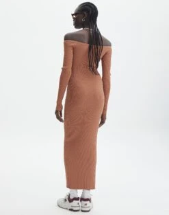 Ribbed Off Shoulder Long Sleeve Maxi Dress -Swoon Fashion boston bardot knit dress slice of cake back kd109828rib