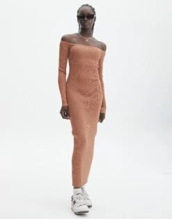 Ribbed Off Shoulder Long Sleeve Maxi Dress -Swoon Fashion boston bardot knit dress slice of cake front kd109828rib