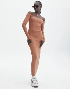 Ribbed Off Shoulder Long Sleeve Maxi Dress -Swoon Fashion boston bardot knit dress slice of cake full kd109828rib