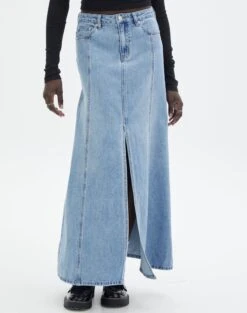 Front Split Denim Maxi Skirt -Swoon Fashion california split front denim maxi skirt riley vintage wash detail sl117834dnm