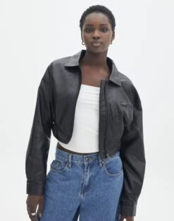 Cropped Faux Leather Bomber Jacket