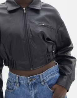 Cropped Faux Leather Bomber Jacket -Swoon Fashion camryn cropped pu bomber jacket black imageback jw75420pu