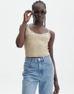 Ringspun Low Rise Denim Skirt -Swoon Fashion candice lace trim knit cami neutralgold front kv110820knt