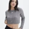 Cable Knit Long Sleeve Crop Top -Swoon Fashion capricorn cable knit top grey marle front kl55029knt