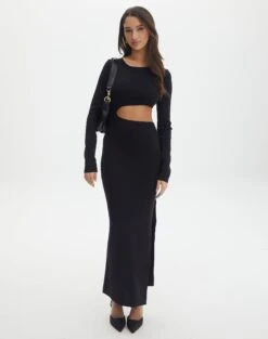 Cross Back Cut Out Knit Maxi Dress -Swoon Fashion carden cut out maxi dress black front kd105194knt 3