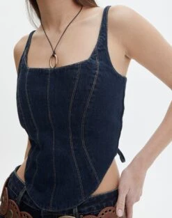 Tie Back Denim Square Neck Corset Bustier -Swoon Fashion co arizona denim corset last rodeo indigo imageback bv102322rdnm