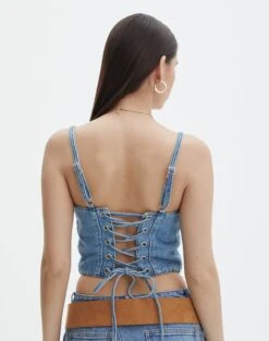 Tie Back Denim Square Neck Corset Bustier -Swoon Fashion co arizona denim corset riley vintage wash back bv102322rdnm