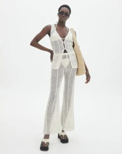 Collared Button Up V Neck Long Sleeve Knit -Swoon Fashion co coral crochet pant milk front pw118725cro 3