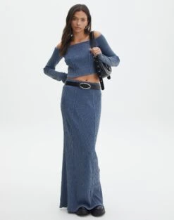Shimmer Knit Mini Skirt -Swoon Fashion co gigi panelled rib maxi skirt washed denim front sl127198ribw 6