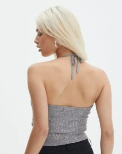 Knit Sequin Halter Top -Swoon Fashion co glinda glitz halter knit top silver metallic back kv124876met