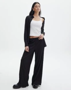 Stitch Detail Faux Leather Pant -Swoon Fashion co gloria textured pants black front pw127549tex