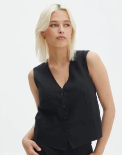 Faux Leather Tie Back Scarf Top -Swoon Fashion co harley linen vest black front bv128737tlin