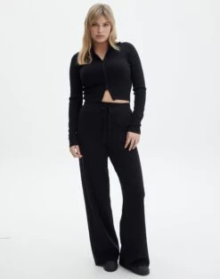 High Waisted Tailored Flare Pants -Swoon Fashion co harriet wide leg knit pants black front pw53795knt 15