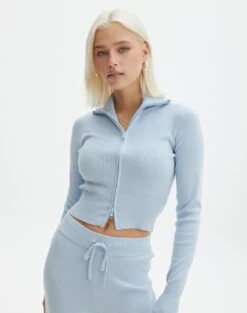 Long Sleeve Zip Through Knit Top -Swoon Fashion co harriet zip thru cardi blue bubble front kc90296knt