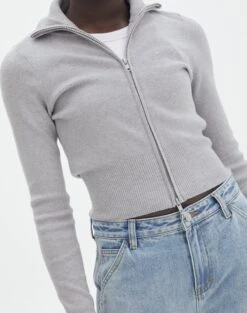 Long Sleeve Zip Through Knit Top -Swoon Fashion co harriet zip thru cardi pale grey marle imageback kc90296knt
