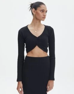 Long Sleeve Ribbed Button Crop Top