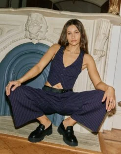 Tailored Pinstripe V Neck Vest -Swoon Fashion co loretta waistcoat navy pinstripe detail bv65137pin