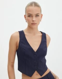 Mid Rise Pinstripe Wide Leg Pant -Swoon Fashion co loretta waistcoat navy pinstripe front bv65137pin 2