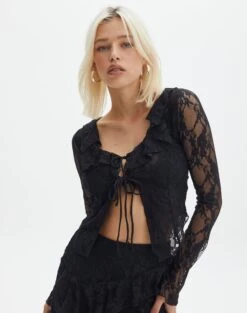 Tie Front Lace Frill Blouse