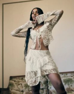 Tie Front Lace Frill Blouse -Swoon Fashion co lotus mini skirt bad to the bone front ss116576lac