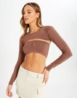 Ribbed Knit Long Sleeve Shrug -Swoon Fashion co midas shrug shiitake detail kl54070cre