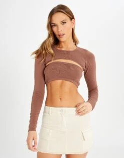 Foldover Off Shoulder Long Sleeve Top -Swoon Fashion co midas shrug shiitake front kl54070cre 1