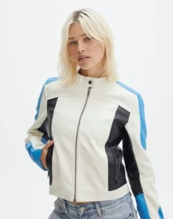 Ringspun Fitted Denim Jacket -Swoon Fashion co mila moto jacket blue colour block front jw90928pu 5