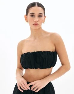 Muslin Ruched Bandeau Top -Swoon Fashion co mimi blouse black front bv90902omus