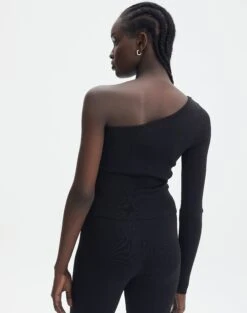 Knit One Shoulder Long Sleeve Top -Swoon Fashion co odus one shoulder knit black back kl94384vn