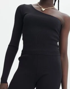 Knit One Shoulder Long Sleeve Top -Swoon Fashion co odus one shoulder knit black imageback kl94384vn