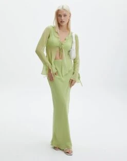 Mesh Frill Split Tie Front Blouse -Swoon Fashion co riley low rise maxi skirt beginners luck front sl102757rchi 2
