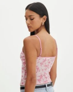 Floral Print Mesh Lettuce Trim Cropped Cami -Swoon Fashion co sabrina burnout mesh cami baby doll burnout back tv54660rbo