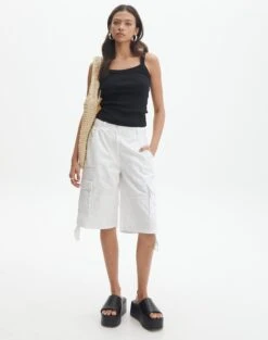 Linen Blend Tie Waist Shorts -Swoon Fashion craig longline cargo jort white front sw120043cot