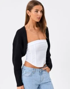 Rib Knit Long Sleeve Shrug -Swoon Fashion croissant knit cardi black detail kc54013rib