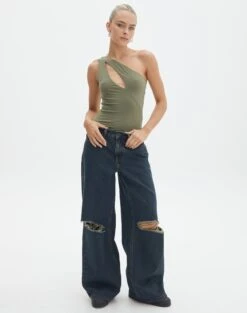 Supersoft One Shoulder Cut Out Bodysuit -Swoon Fashion dua one shoulder cut out bodysuit lt khaki full tb88291pch